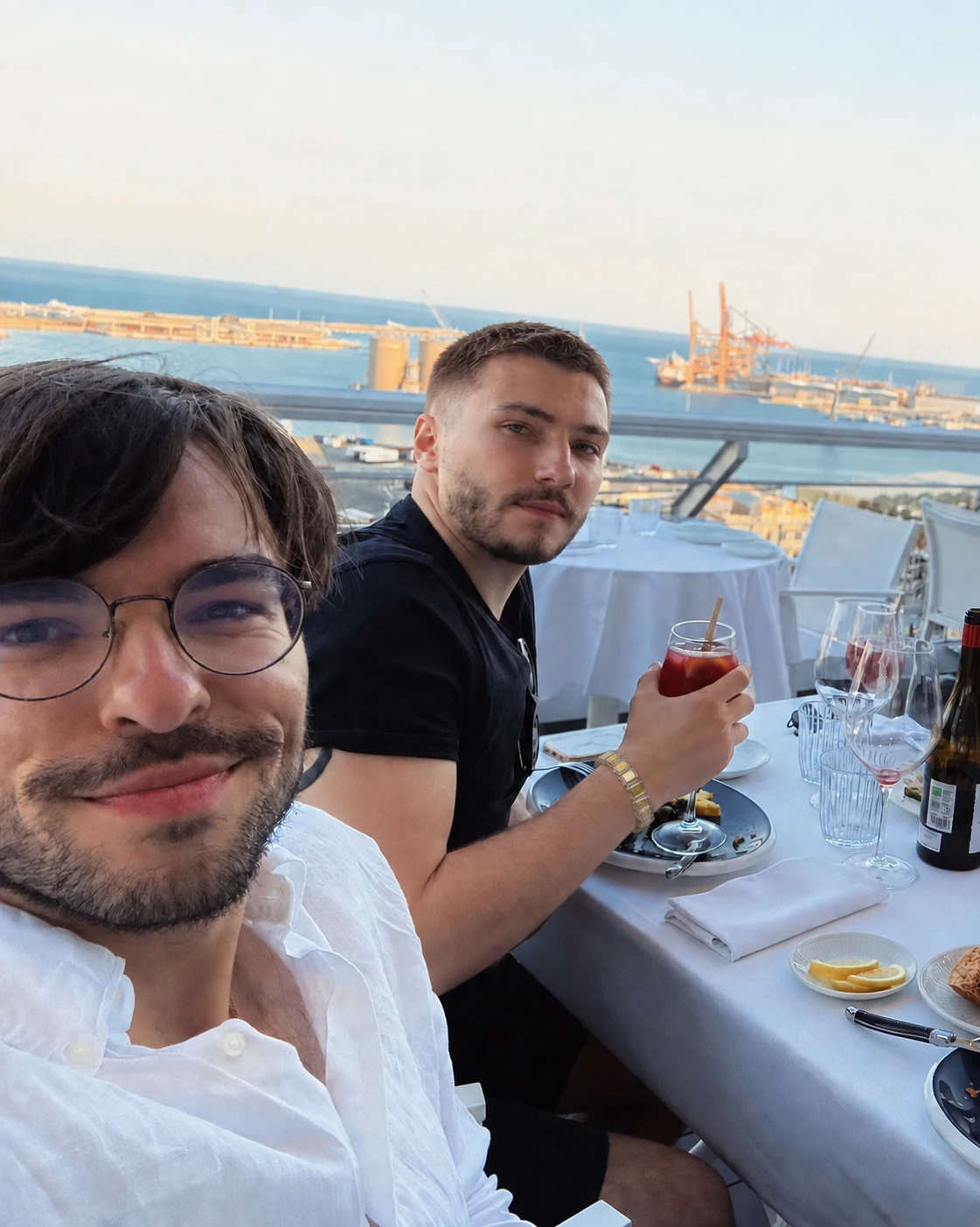 Marin and Ghena, the two founders, at dinner by the harbour